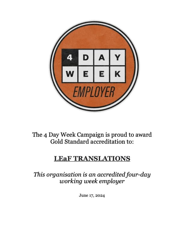 4 Day Week Certificate LEaF Translations